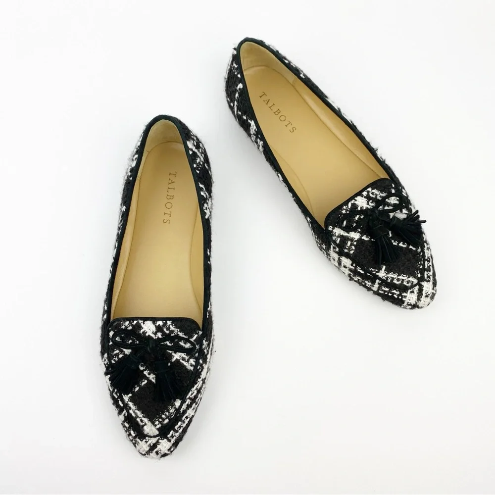 Talbots Loafers Size 8 WIDE Francesca Tassel Driving Moccasins Plaid Tweed